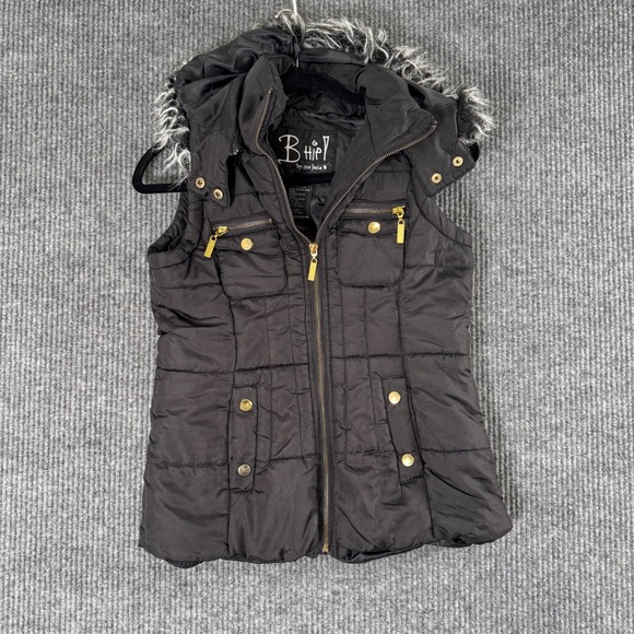 B Hip by Me Jane Womens S Black Puffer Vest Faux Fur Hood Gorpcore Y2K Street - Picture 1 of 10
